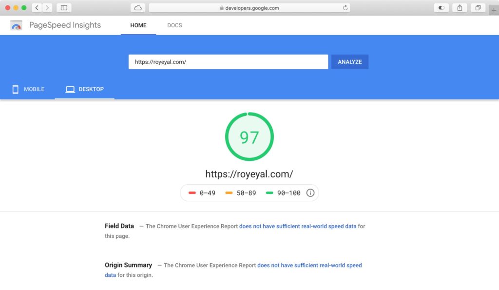 תוצאות בדיקת מהירות האתר ב-Google Page Speed עם התוצאה של 97